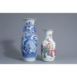 Two Chinese famille rose and blue and white vases with different designs, 19th/20th C.