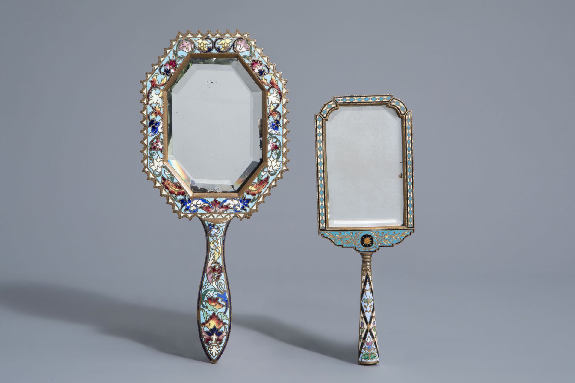 Group of cloisonné & champlevé mirrors, accessories & candle holders, a.o. Limoges, France, 19th C. - Image 15 of 18