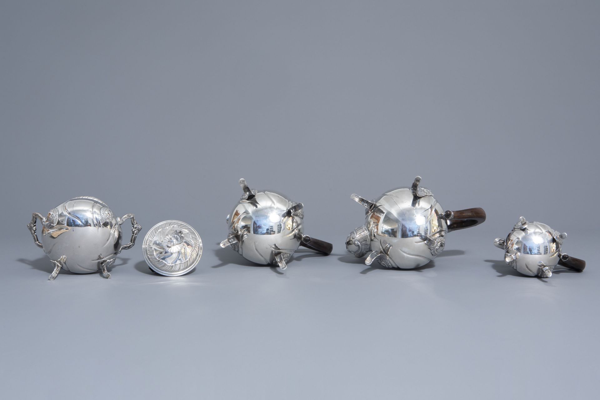 A four-piece Rococo revival silver coffee and tea set, 800/000, 20th C. - Image 7 of 13