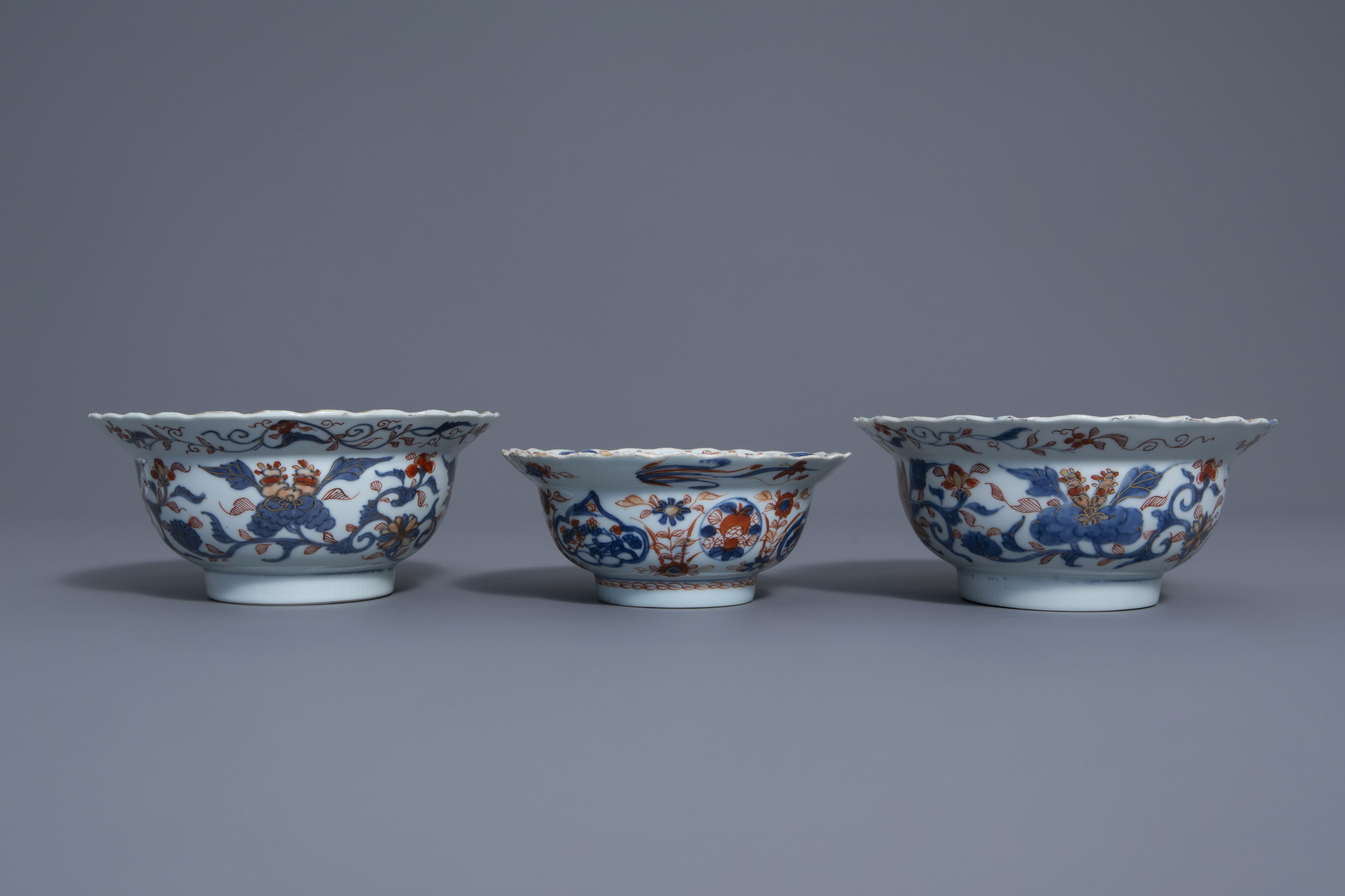 Three Chinese Imari style bowls with floral design, Kangxi - Image 3 of 9