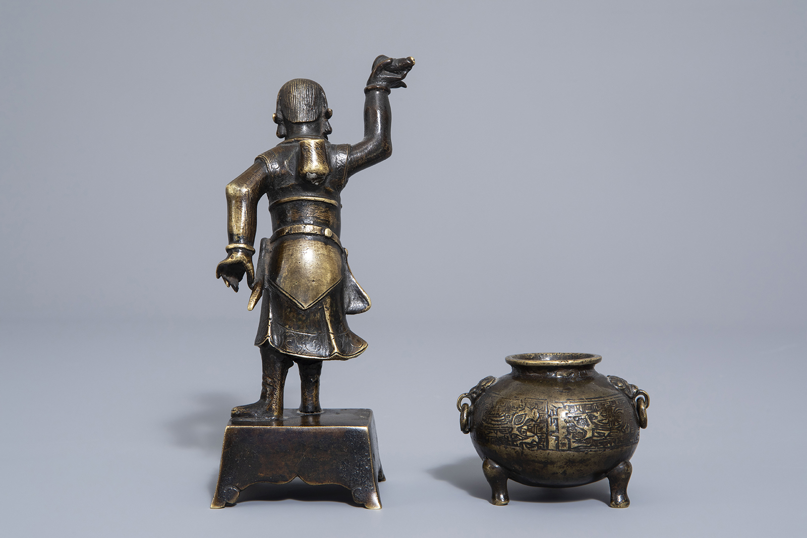 A Chinese bronze incense stick holder and a censer, Qing - Image 4 of 7