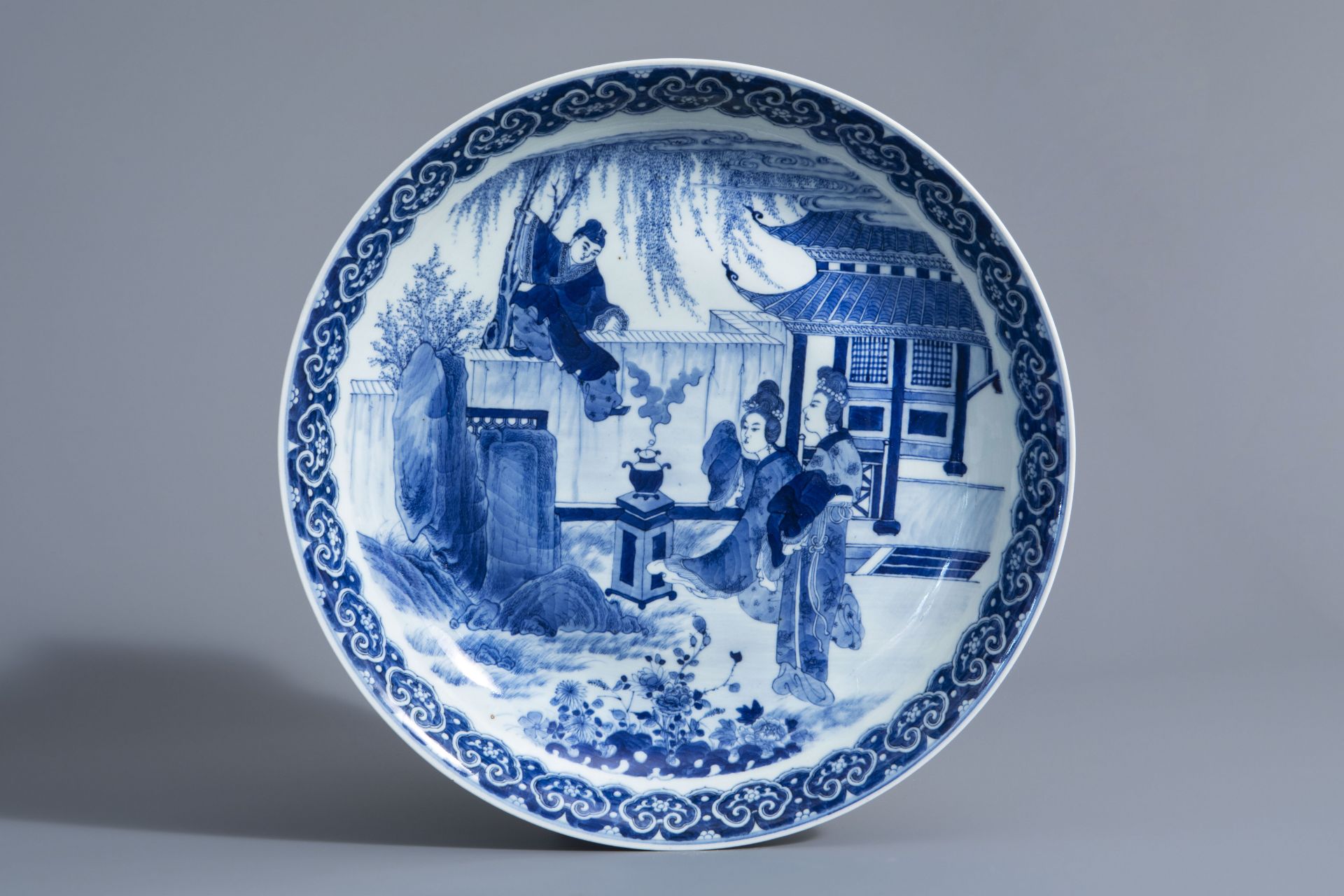 A Chinese blue and white 'Romance of the Western Chamber' charger, Qianlong mark, Republic, 20th C.