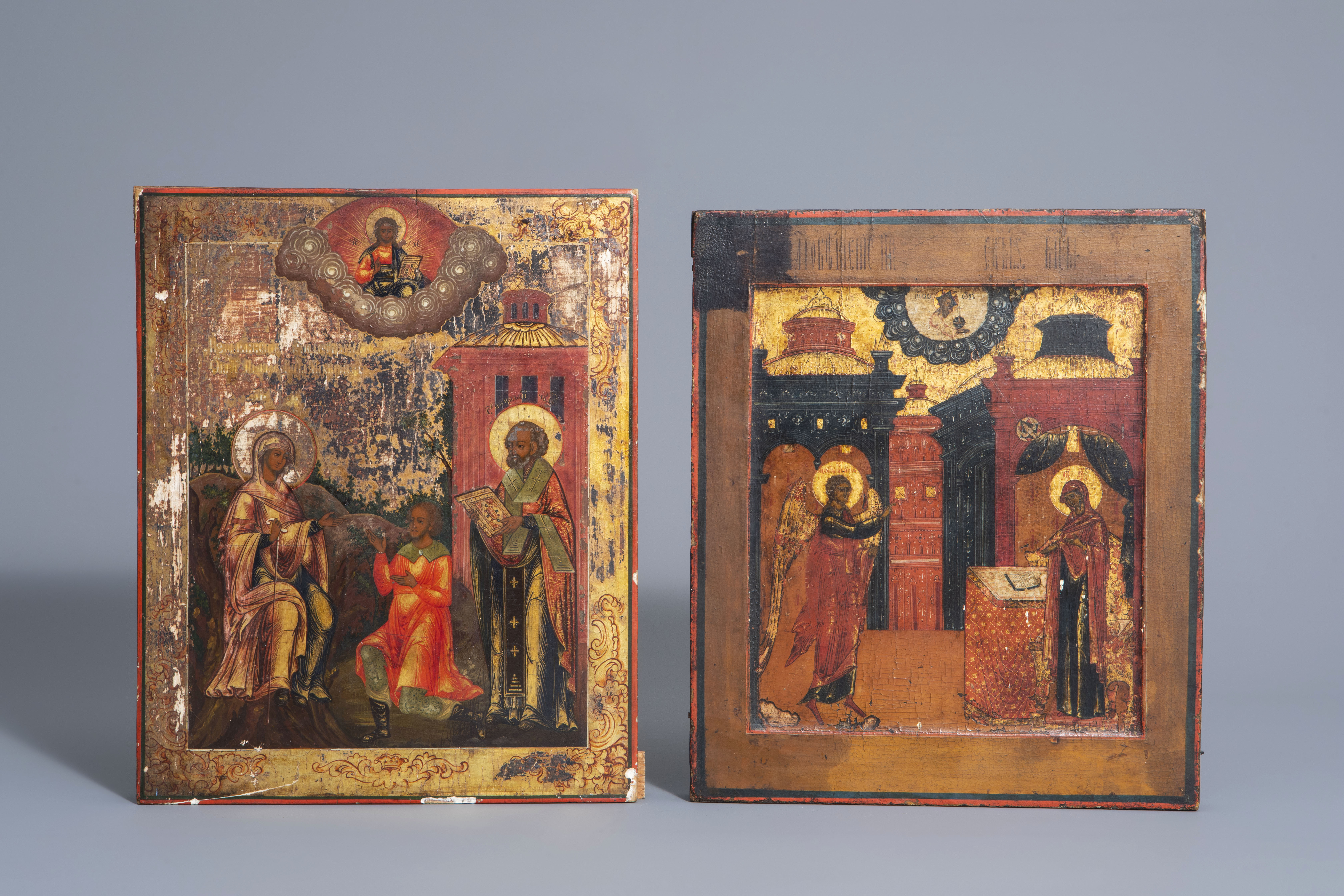 Two Russian icons, 'Annunciation' and 'Appearance of Mary and Nicholas to Georgij', 19th C.