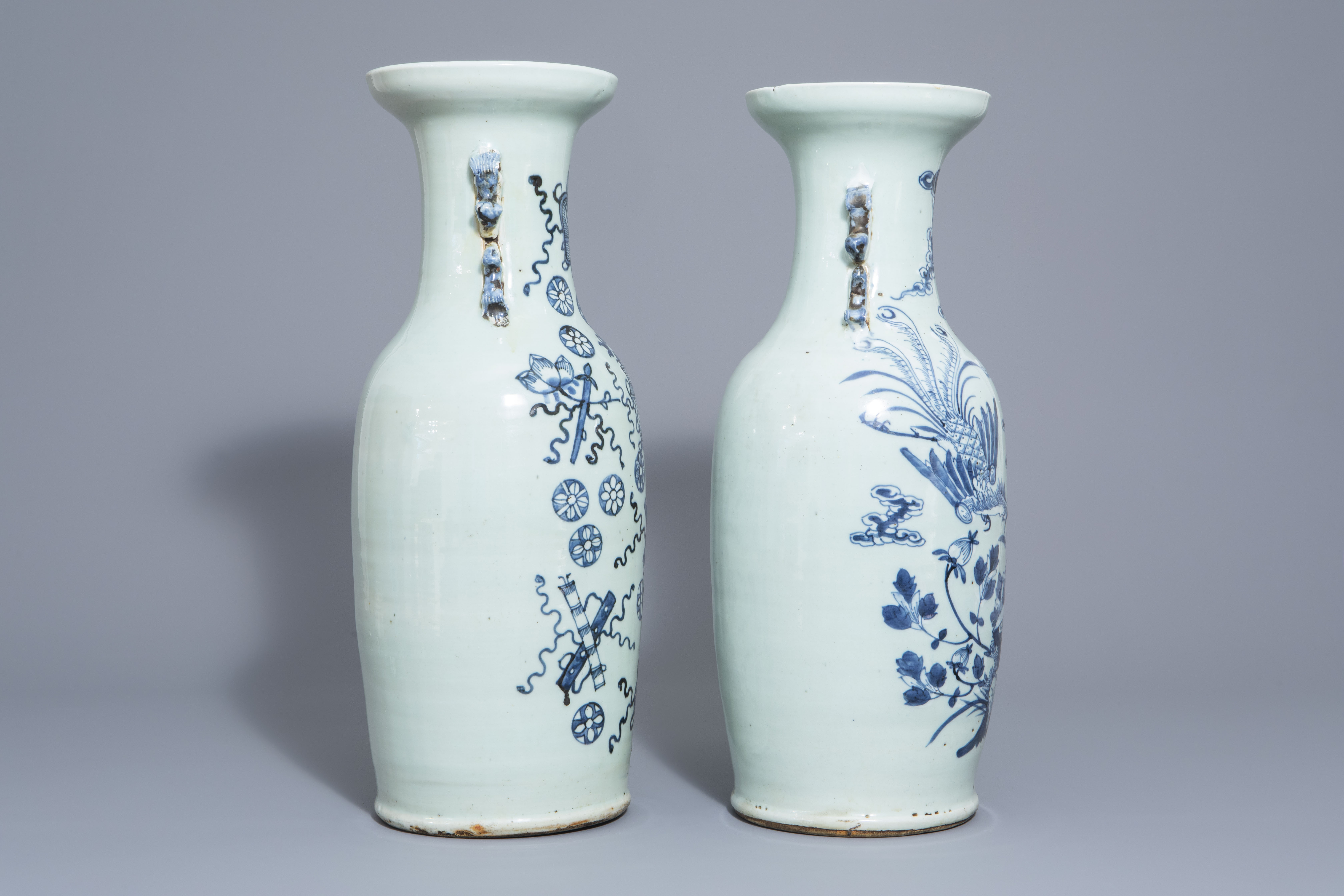 Two Chinese blue and white celadon ground vases with different designs, 19th C. - Image 2 of 6