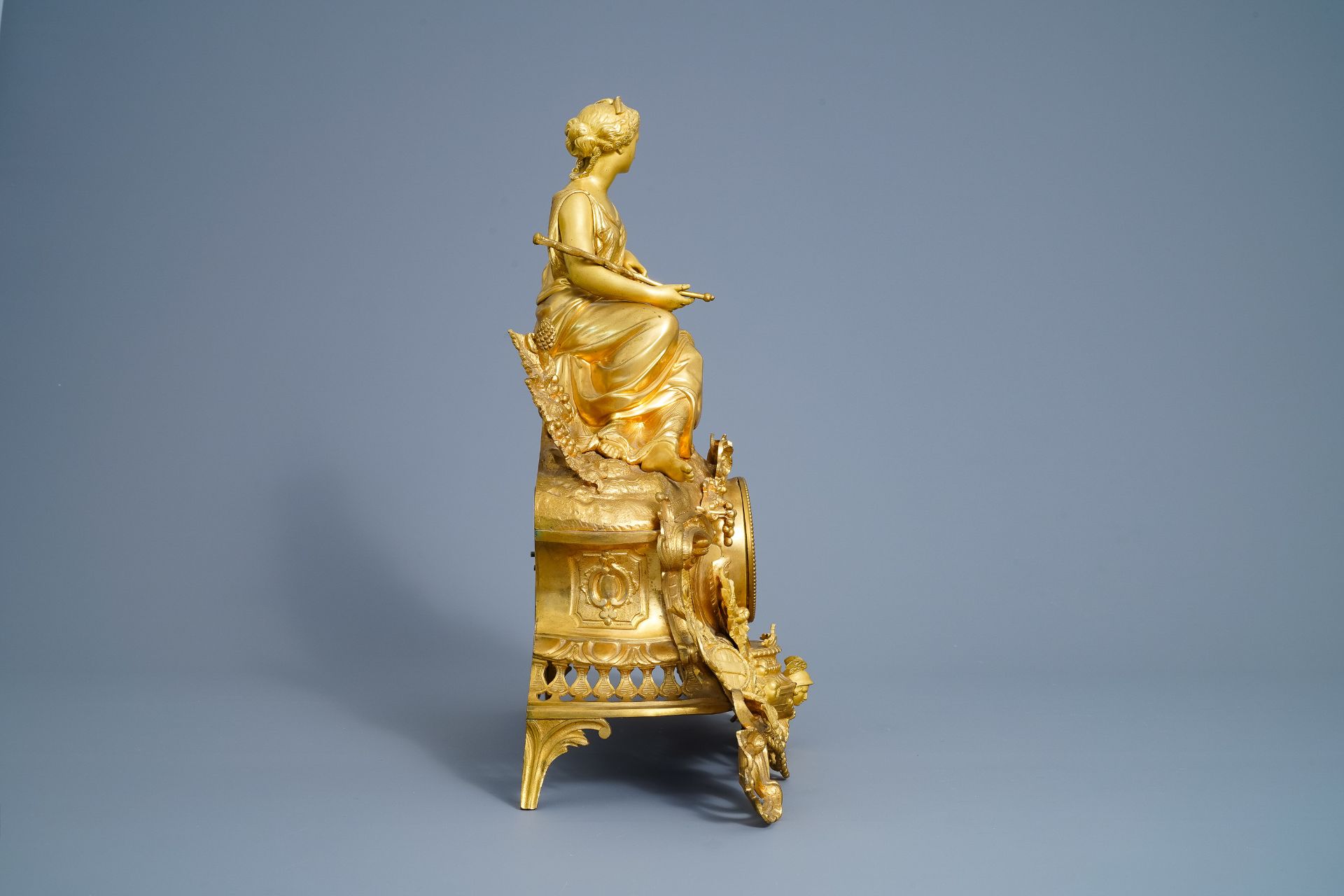 A French gilt bronze three-piece clock garniture with classical theme, 19th C. - Image 5 of 18