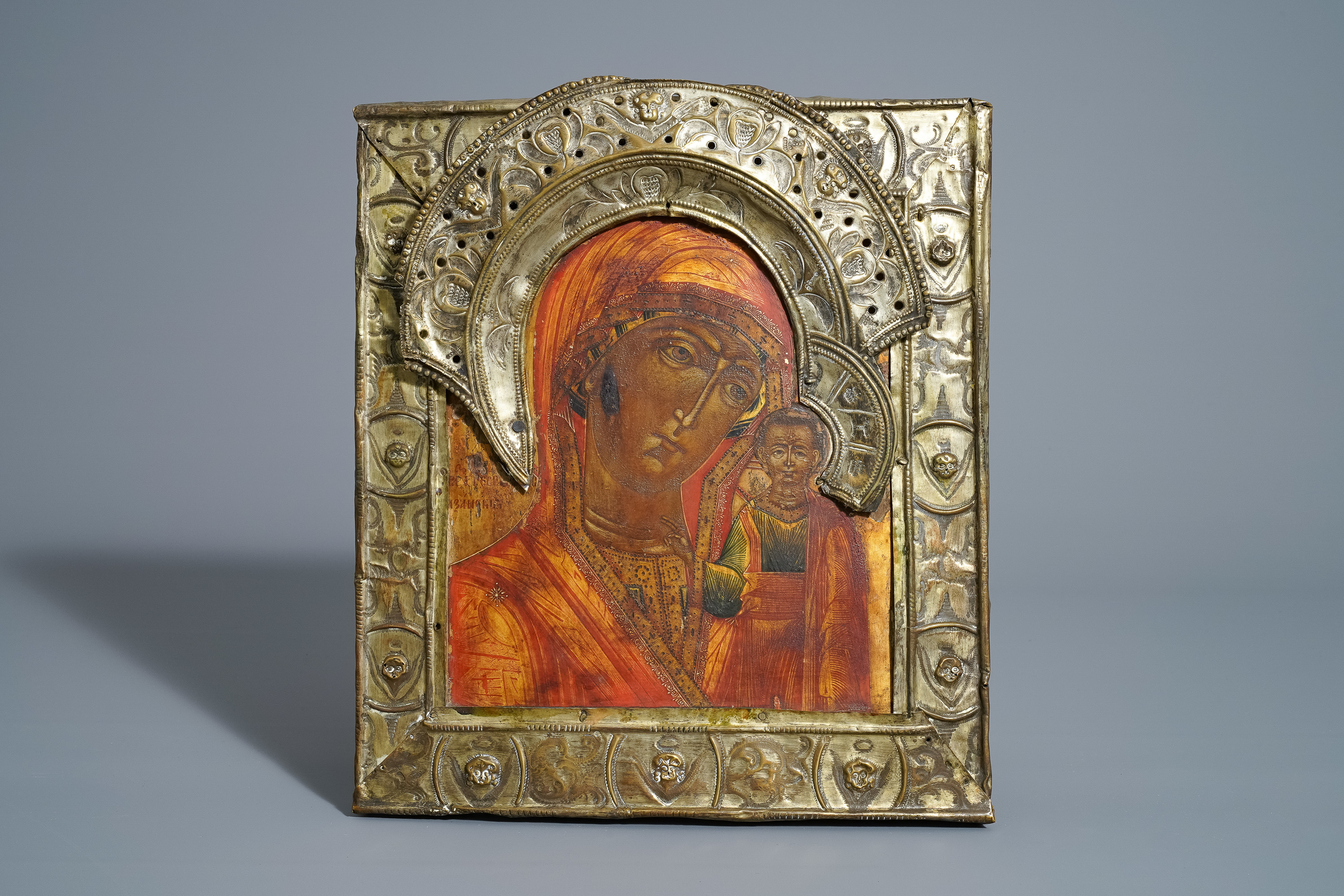 Two Russian 'Mother of God' icons with copper oklad or riza, 19th C. - Image 2 of 5