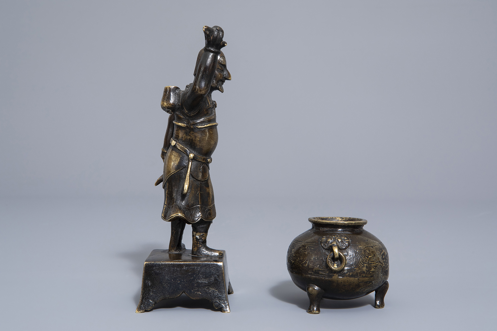A Chinese bronze incense stick holder and a censer, Qing - Image 3 of 7