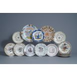 Fifteen polychrome and manganese Dutch Delft plates and dishes, 18th C.