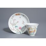 A Chinese famille rose cup and a saucer with different designs, 19th/20th C.