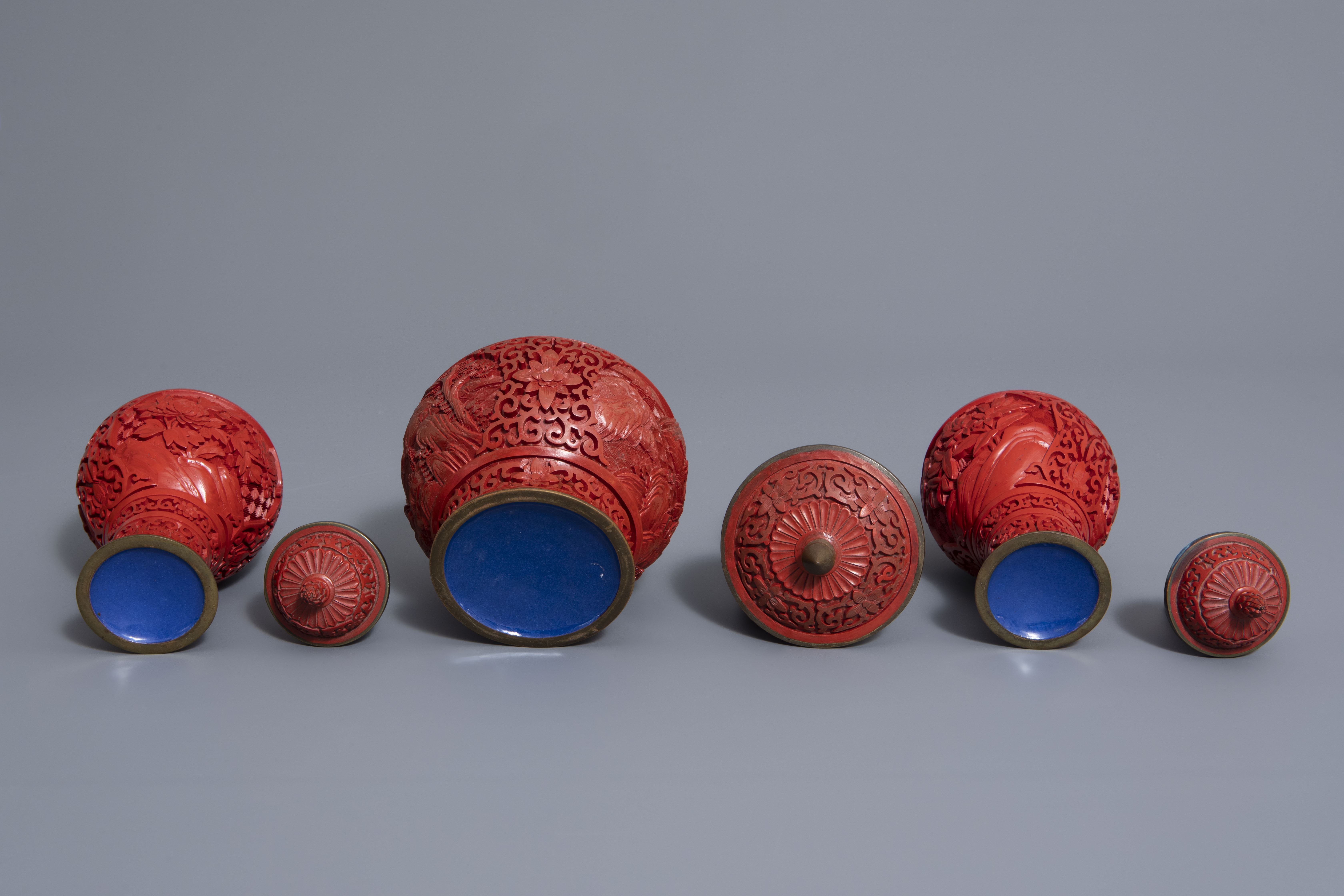 A Chinese tea block, cloisonné teapot, wall vase, bamboo brush pot & 3 red lacquer vases, 20th C. - Image 7 of 16