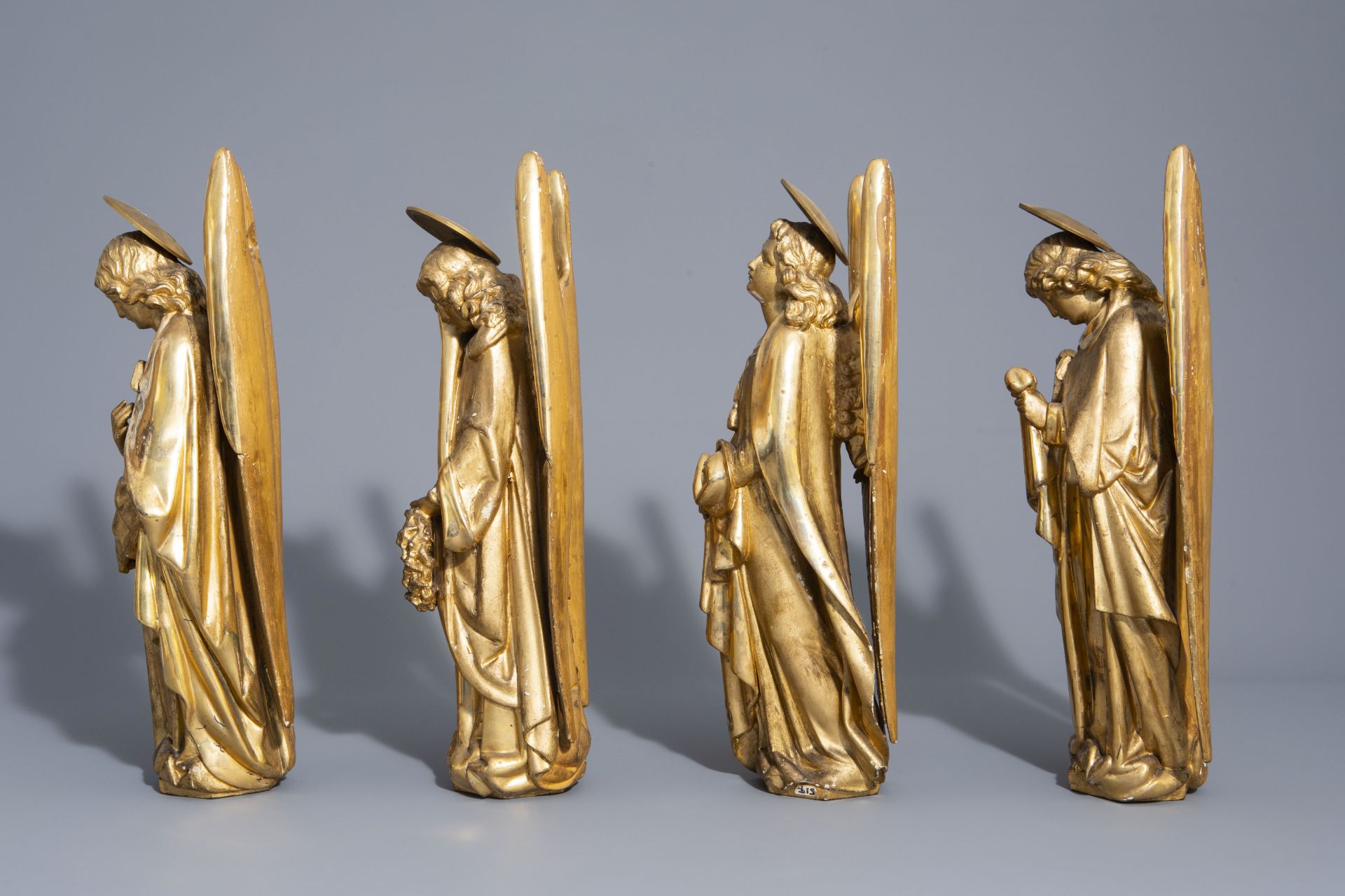 Four Gothic revival gilt wood angel statues with Arma Christi, 19th C. - Image 5 of 7