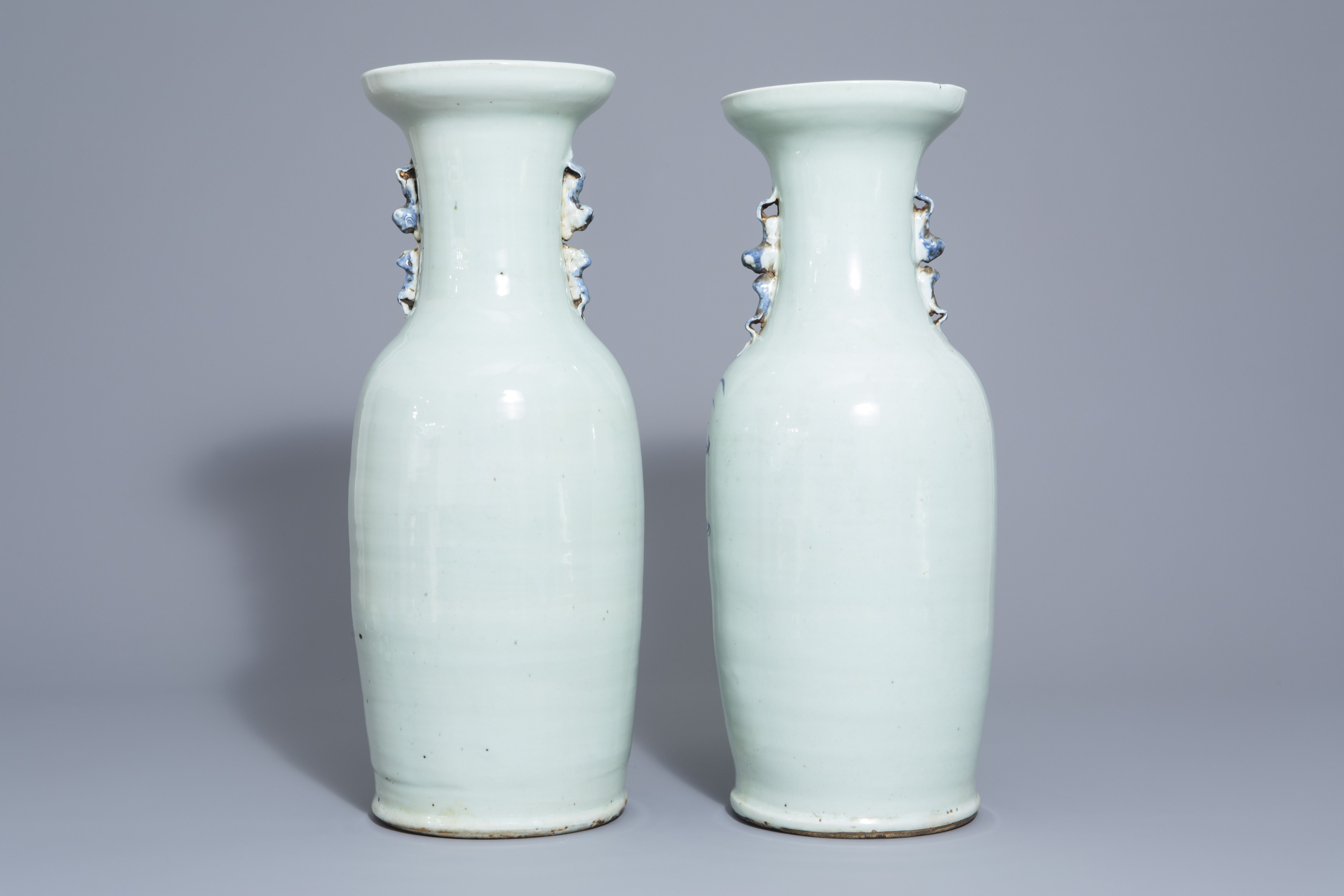 Two Chinese blue and white celadon ground vases with different designs, 19th C. - Image 3 of 6