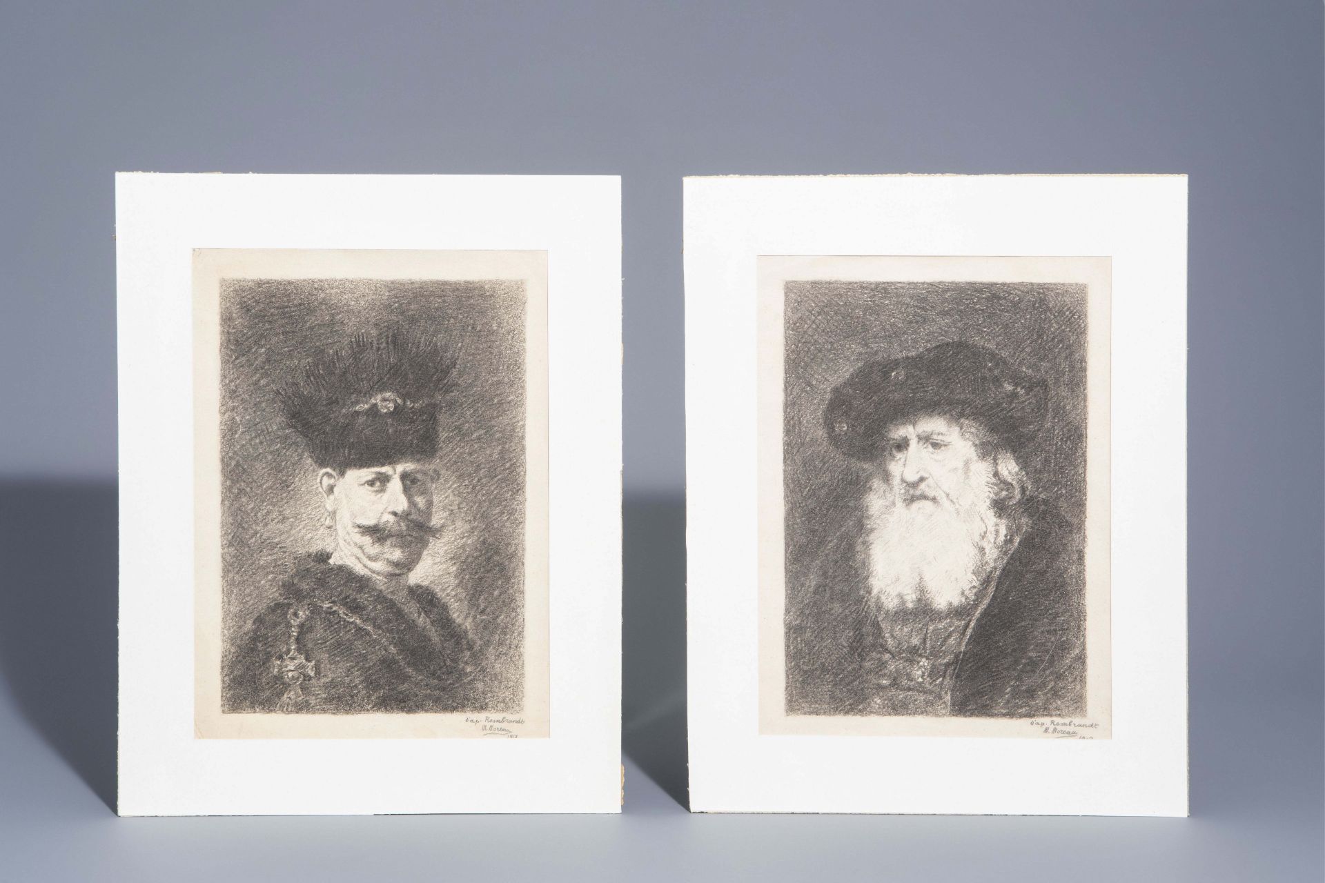 Max Moreau (1902-1992): Two men's portraits after Rembrandt, charcoal on paper, dated 1917 - Image 3 of 7