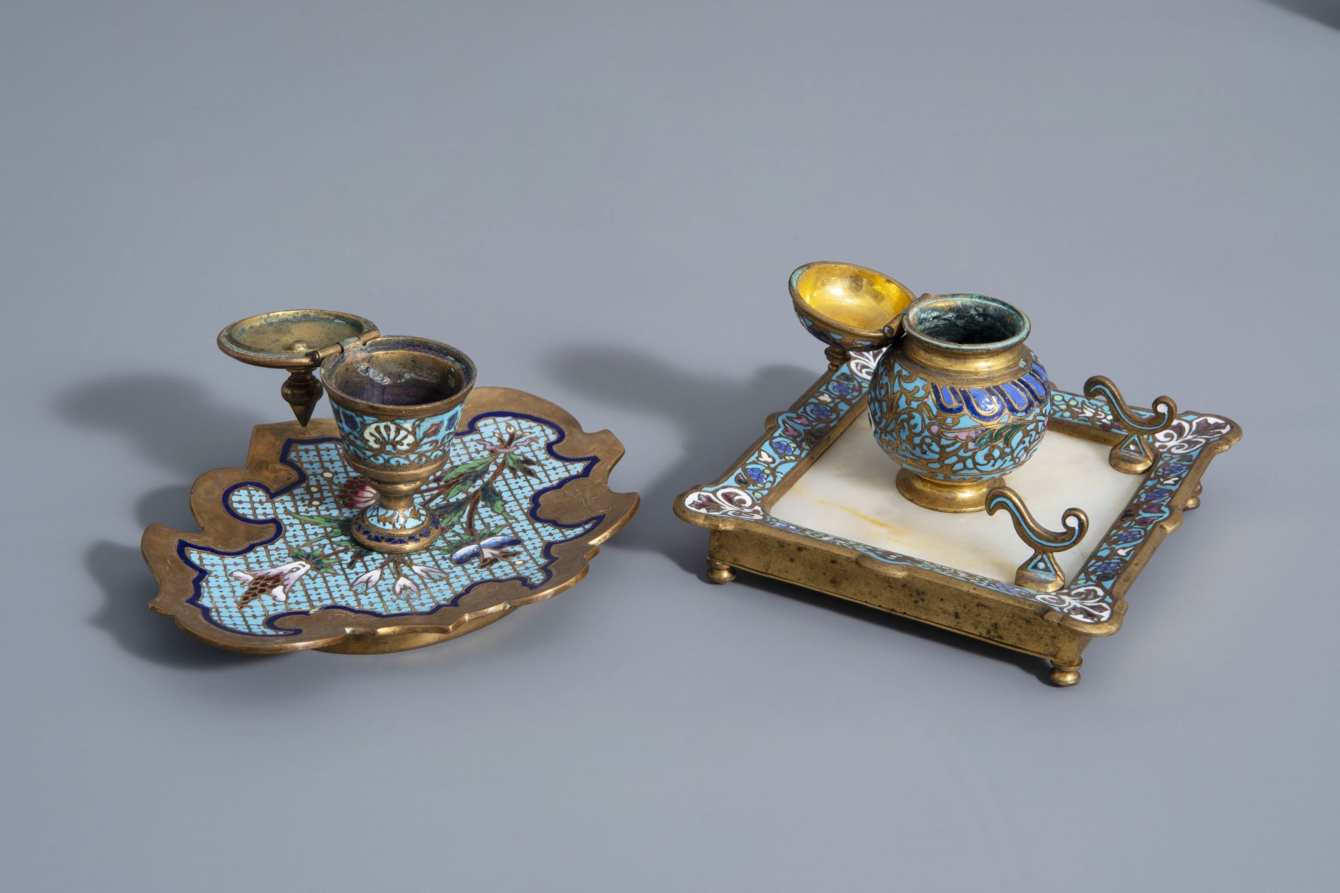 Group of cloisonné & champlevé mirrors, accessories & candle holders, a.o. Limoges, France, 19th C. - Image 8 of 18