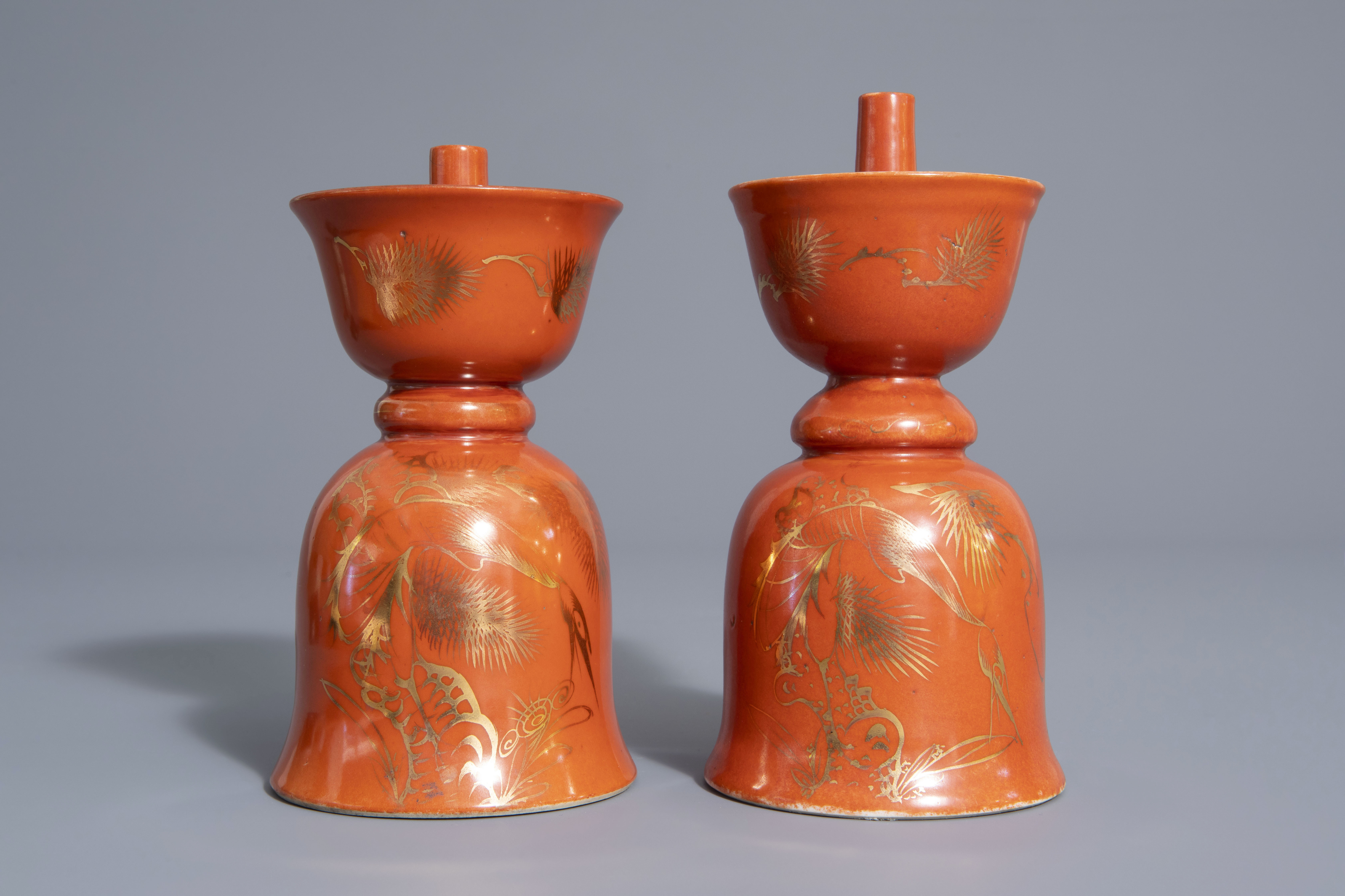 Two Chinese gilt decorated coral ground candlesticks, 19th/20th C. - Image 2 of 7