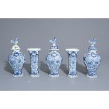 A Dutch Delft blue and white five-piece garniture with floral design, 18th C.