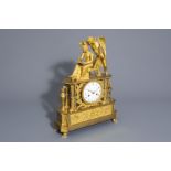 A large French gilt bronze mantel clock with an allegory of love, 19th C.