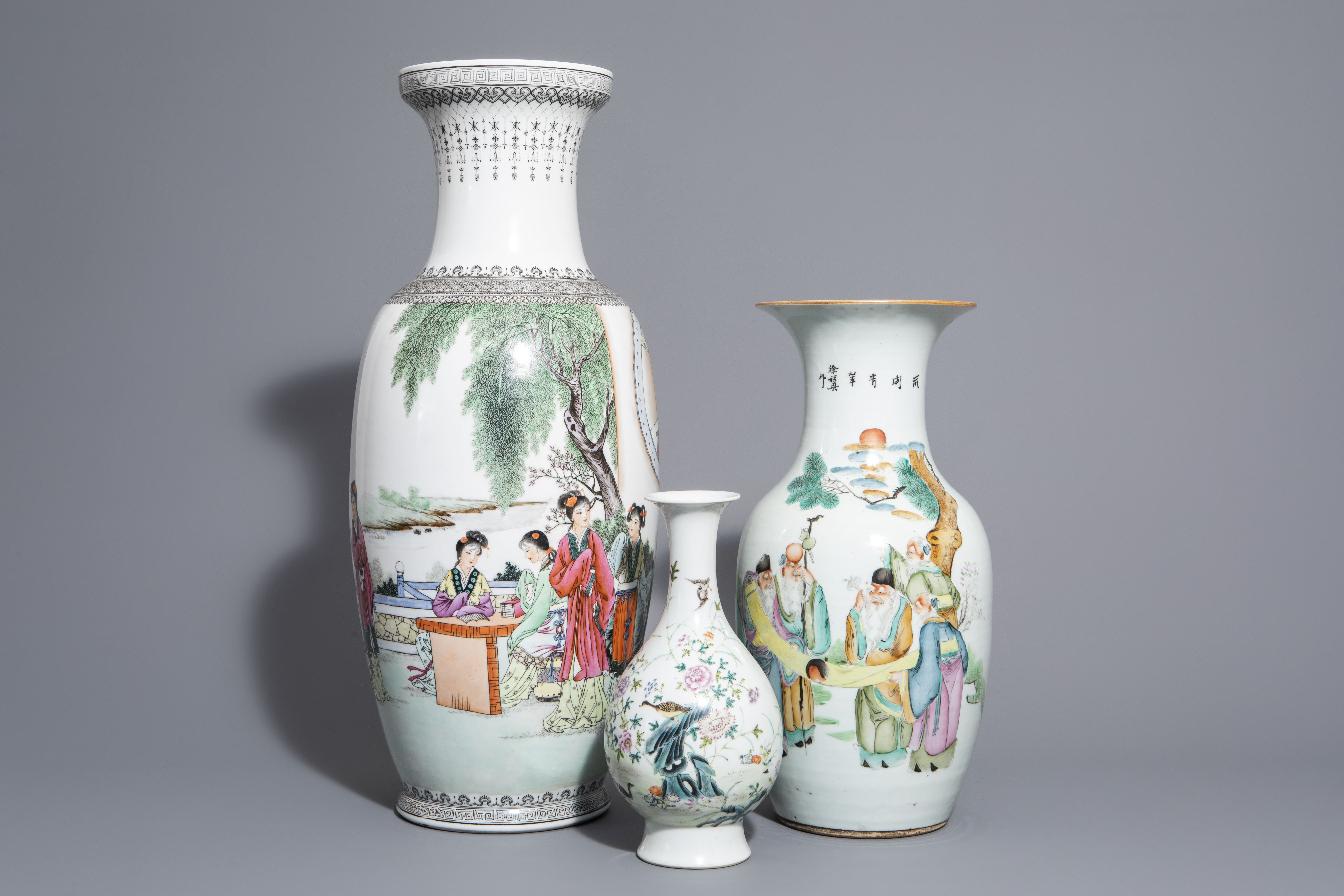 Three Chinese famille rose vases with different designs, 19th/20th C. and 20th C.
