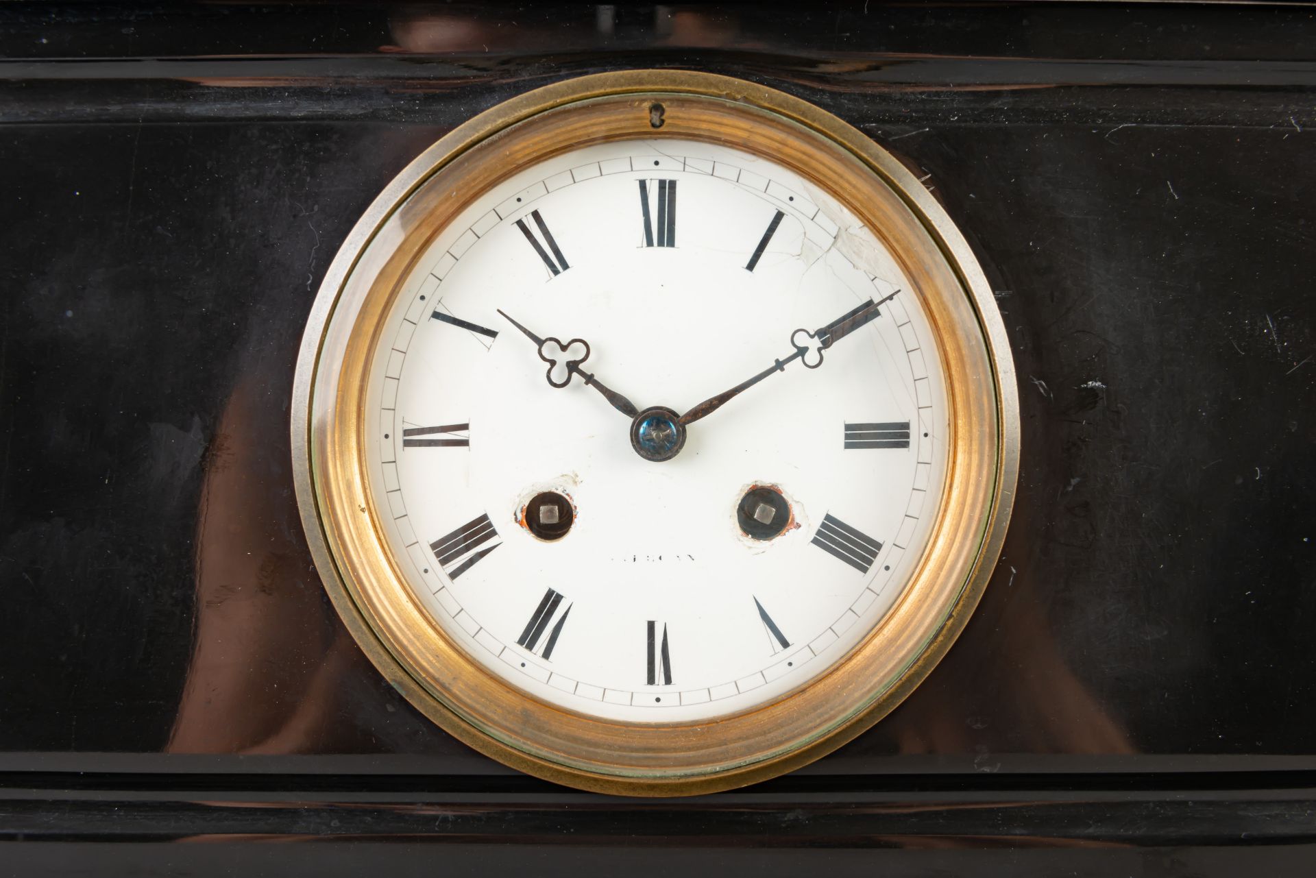 A black marble mantel clock with on top a patinated bronze crusader on his horse, France, 19th C. - Image 7 of 8