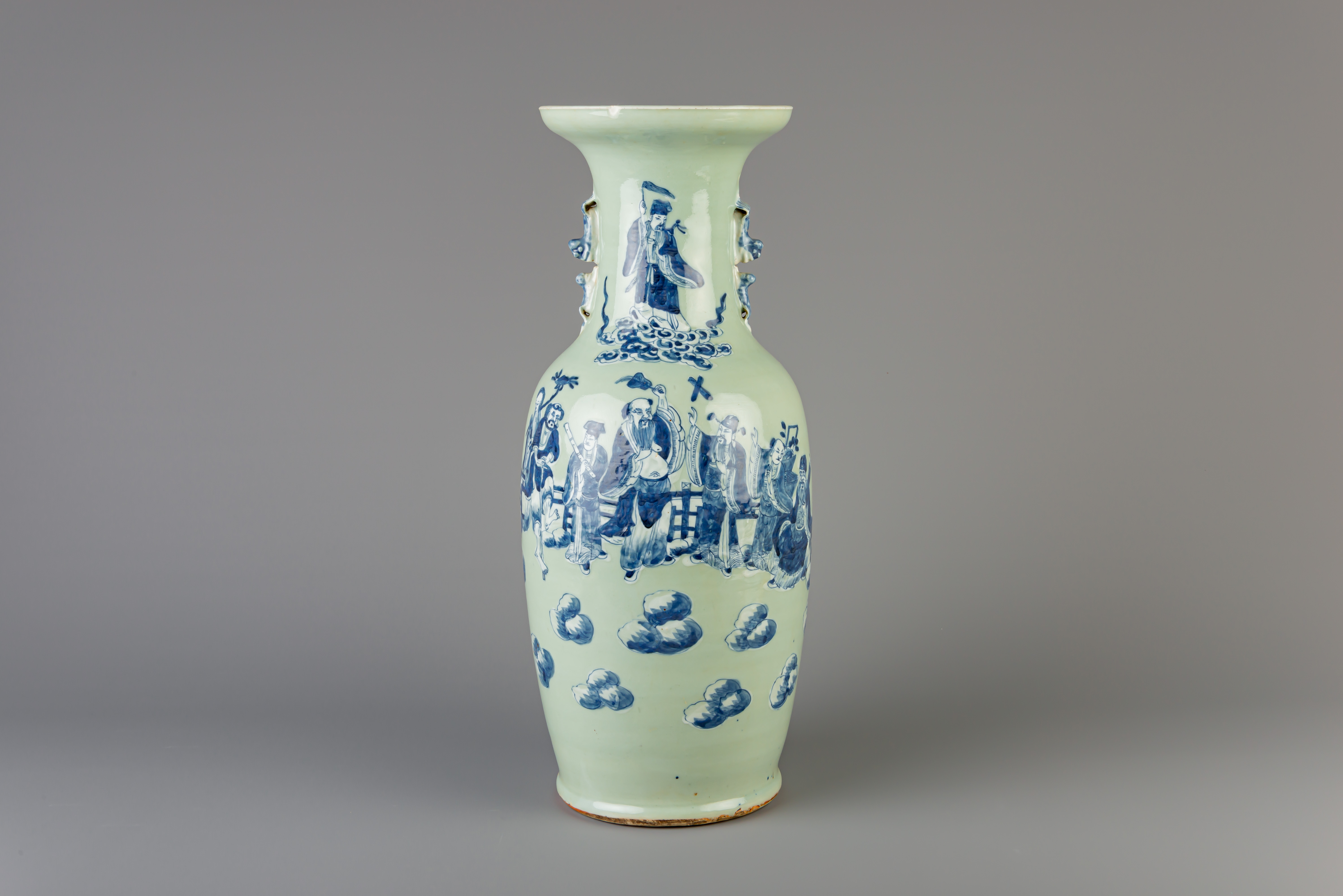 A Chinese blue and white celadon ground 'Immortals' vase, 19th C.