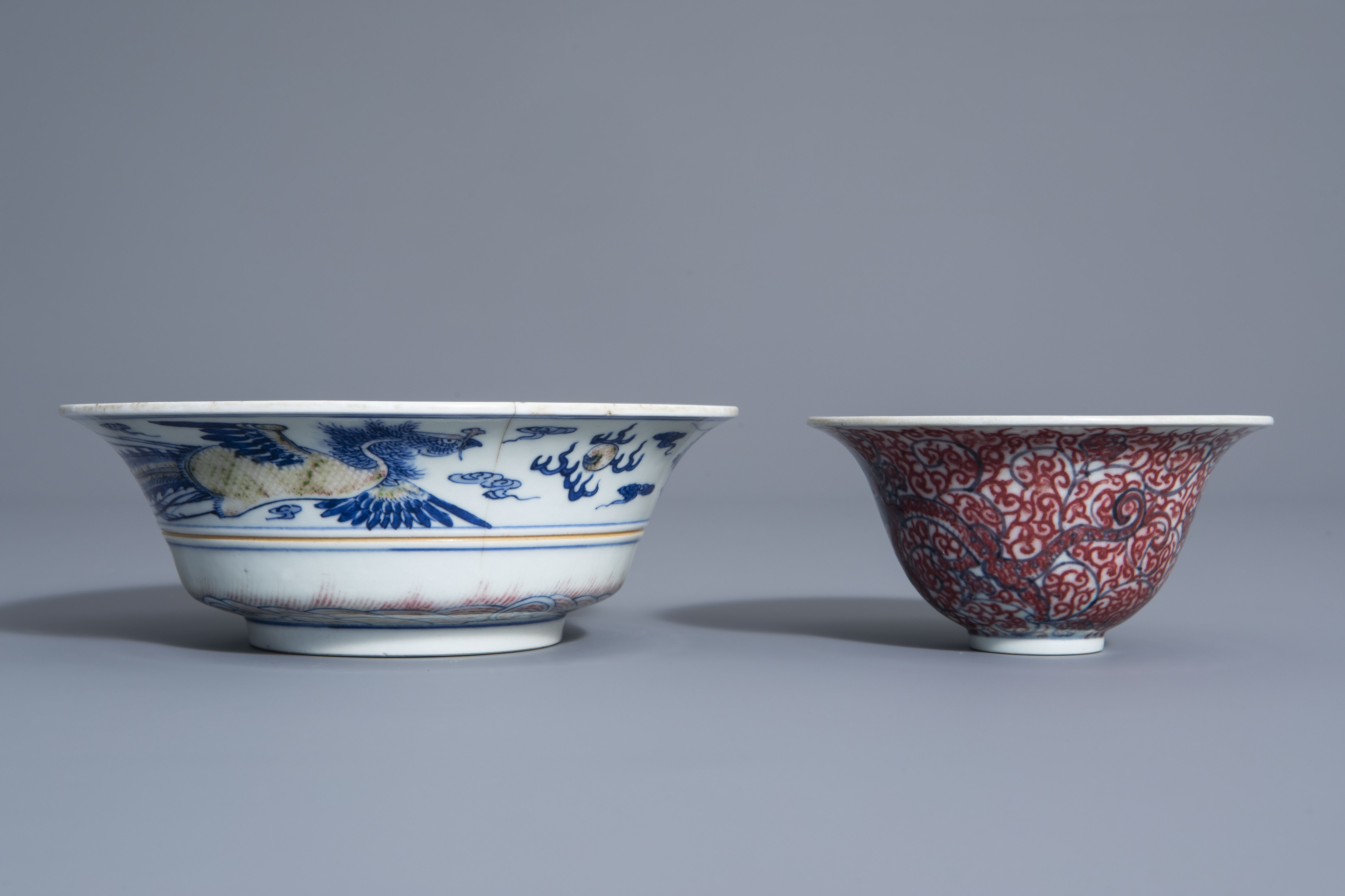Two Chinese blue, white and copper red bowls, Kangxi mark, 19th/20th C. - Image 3 of 7