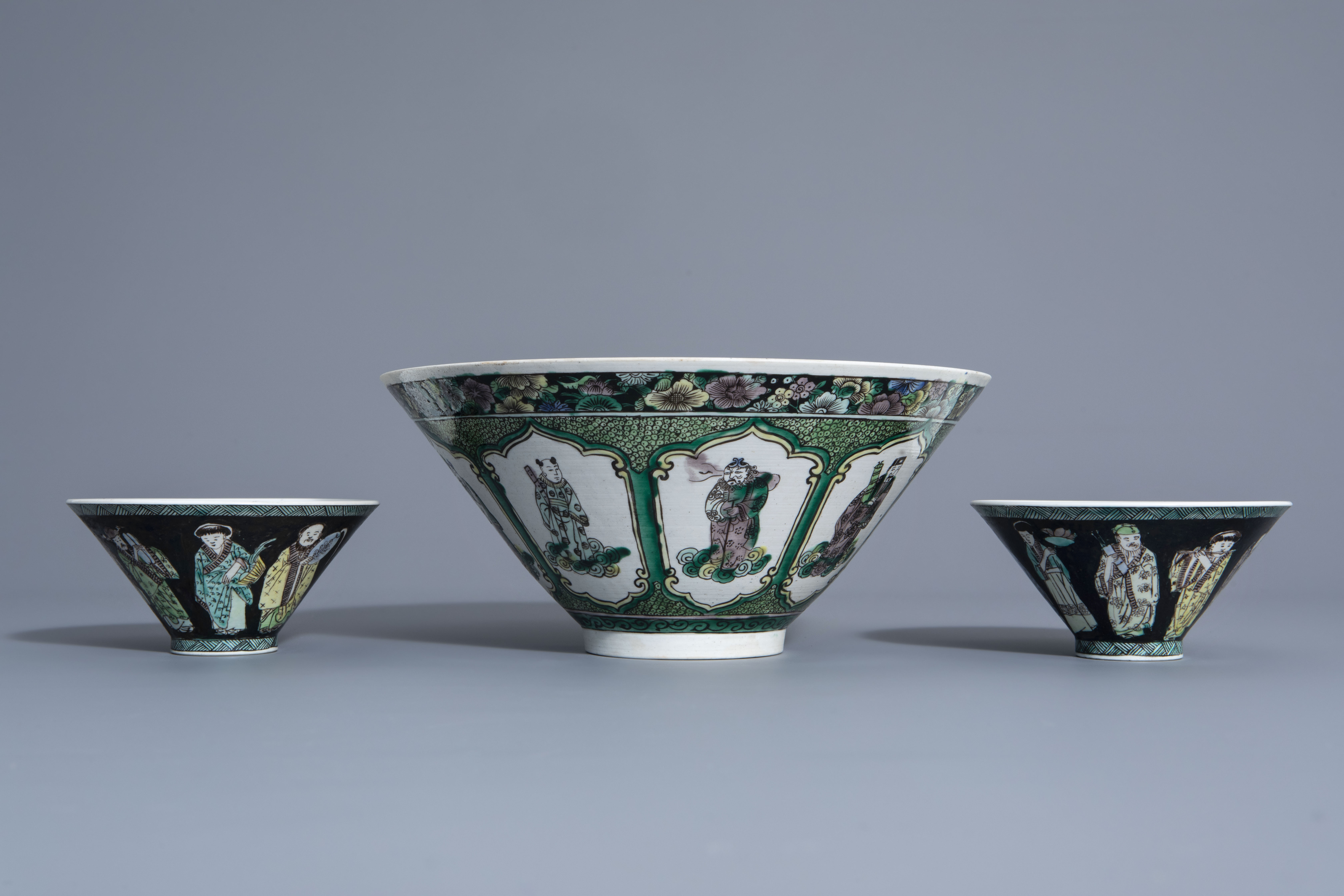 Three Chinese verte biscuit bowls with figurative design, Republic, 20th C. - Image 5 of 7
