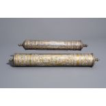 Two tubular parcel gilt silver prayer scroll containers, Tibet or Nepal, 19th/20th C.