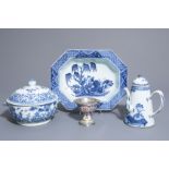 A Chinese blue & white tureen, a deep charger, a jug & a famille rose stem cup, Yongzheng/Qianlong
