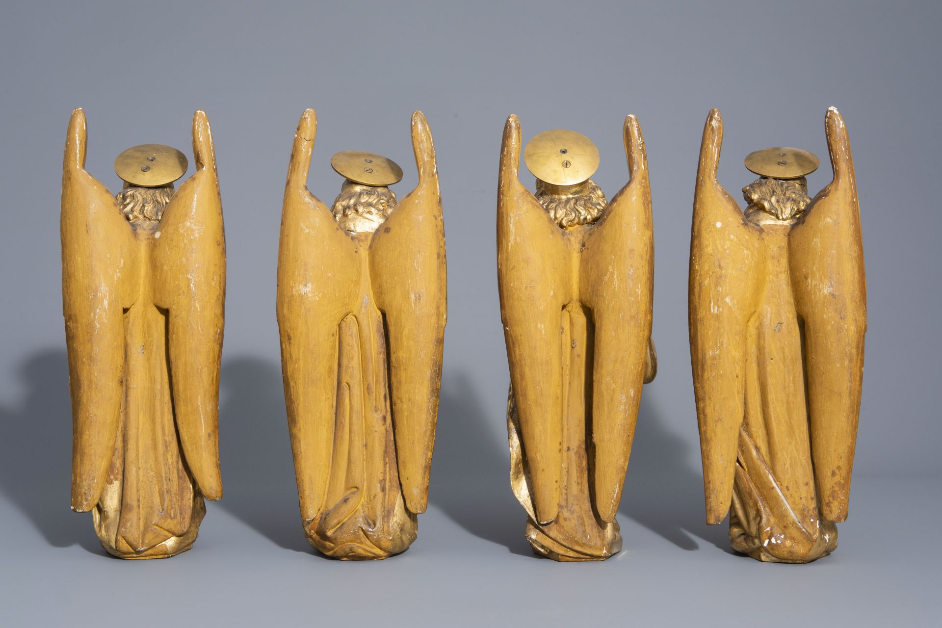 Four Gothic revival gilt wood angel statues with Arma Christi, 19th C. - Image 4 of 7
