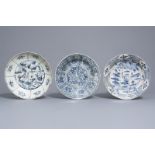 Three Chinese blue and white Swatow dishes with deer and a phoenix, Wanli