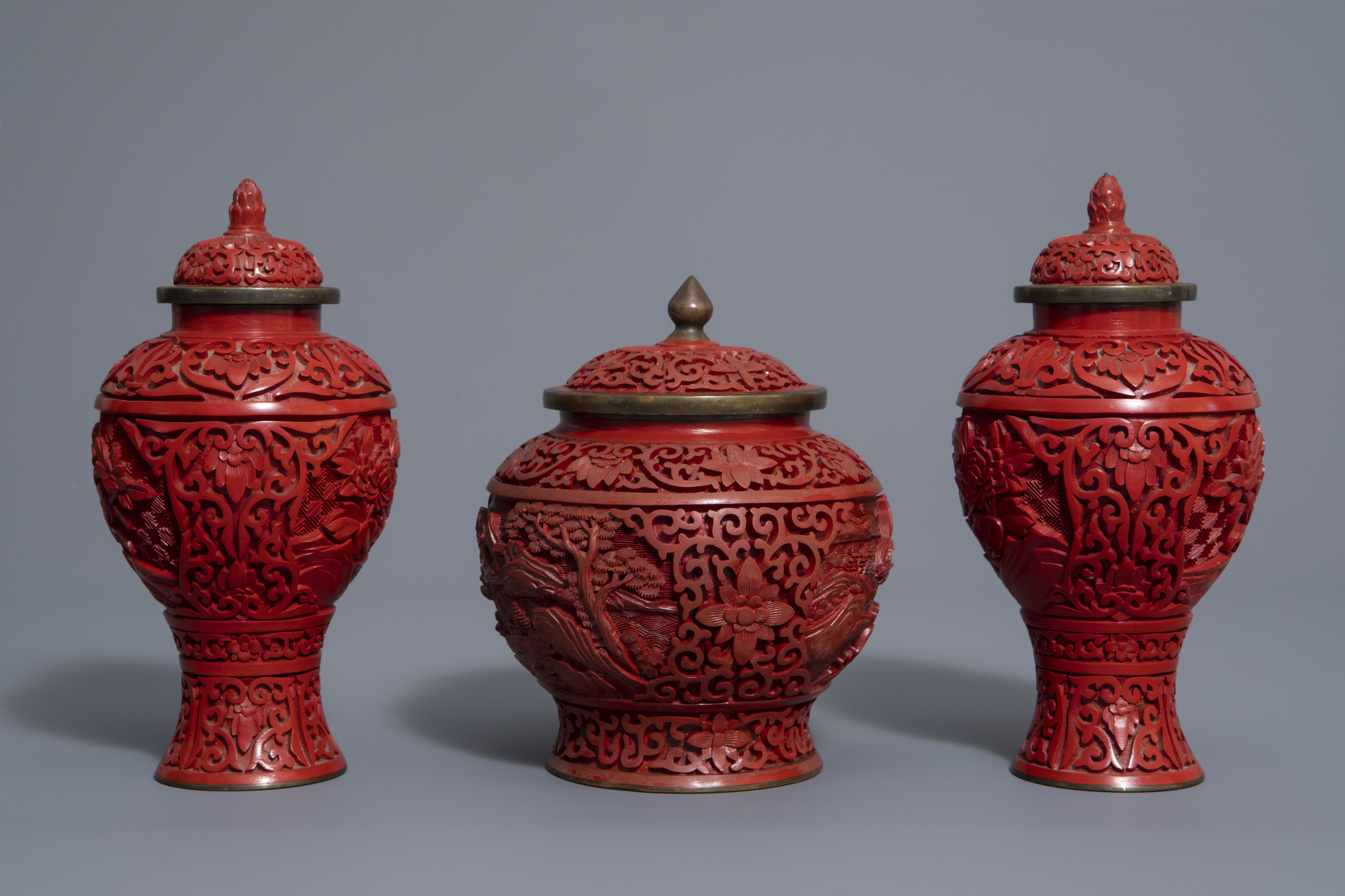 A Chinese tea block, cloisonné teapot, wall vase, bamboo brush pot & 3 red lacquer vases, 20th C. - Image 3 of 16