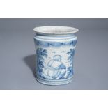 A blue and white albarello with a man taking a poo, Italy, dated 1726