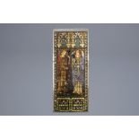 Large Gothic revival painted and stained glass window with Saint Michael and Saint Gabriel, 19th C.