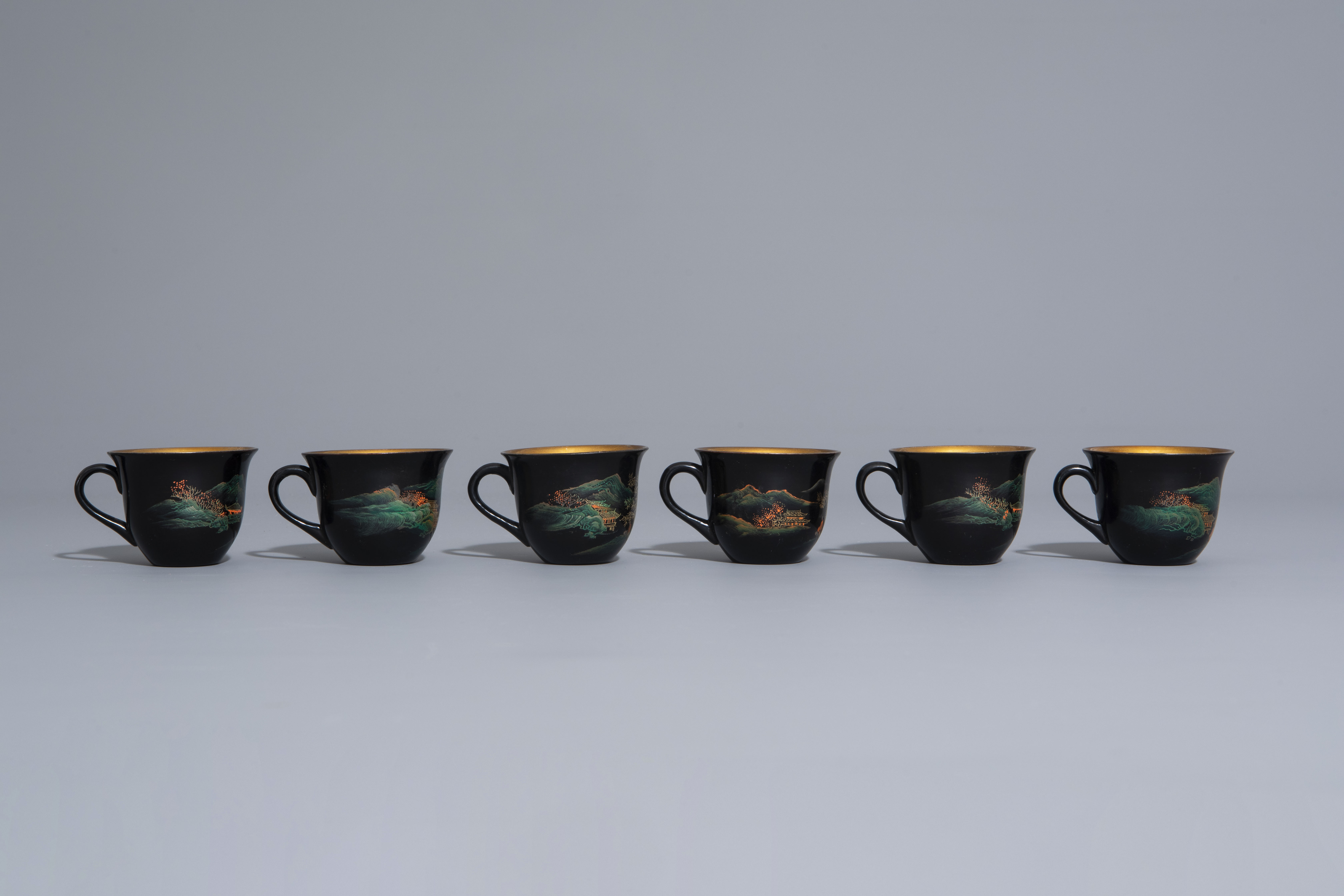 An extensive Chinese Foochow lacquer Shen Shao'an style coffee and tea service, 20th C. - Image 16 of 23