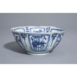 A Chinese blue and white kraak porcelain bowl with floral design, Wanli