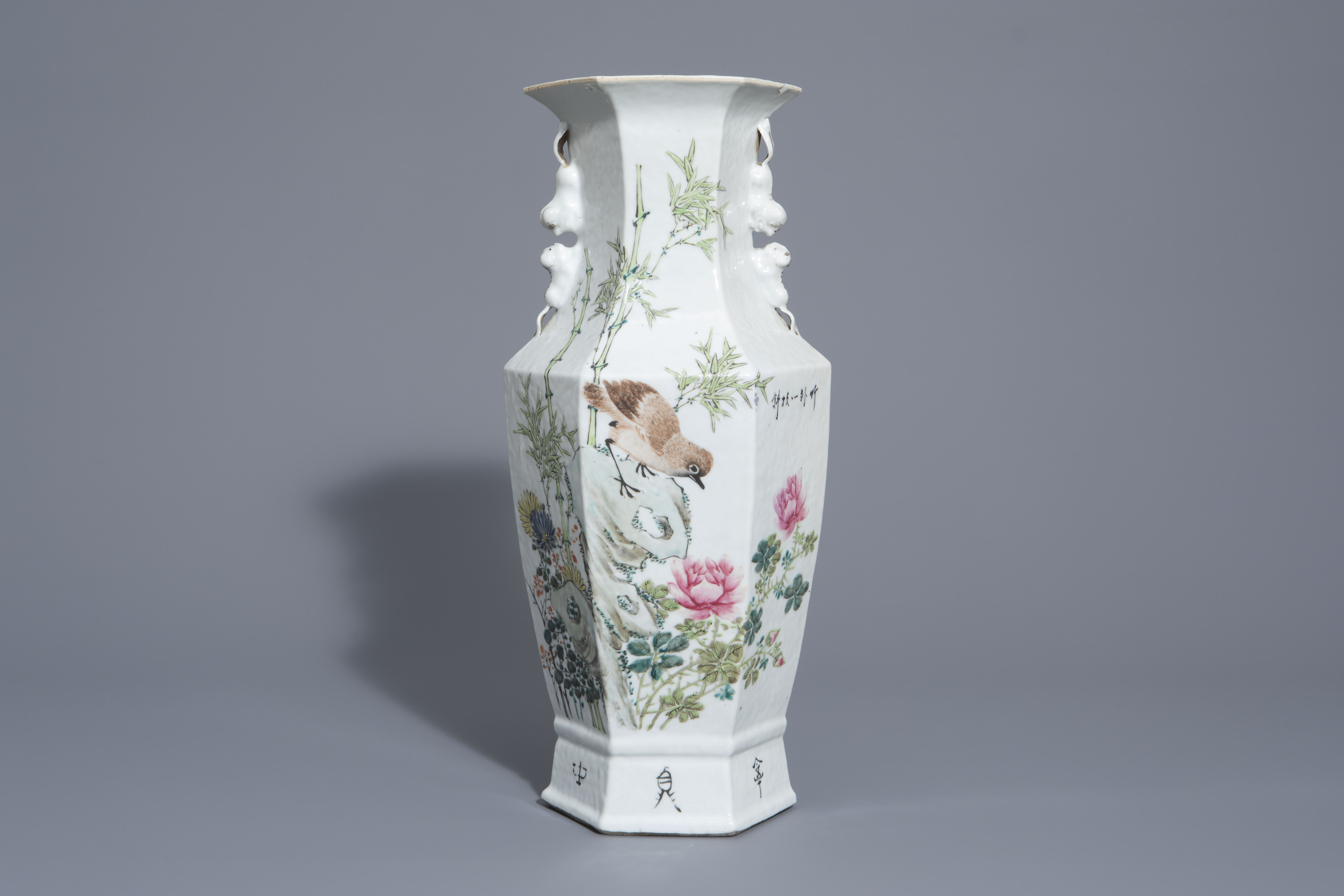 A hexagonal Chinese qianjiang cai vase with a bird among blossoming branches, 19th/20th C.