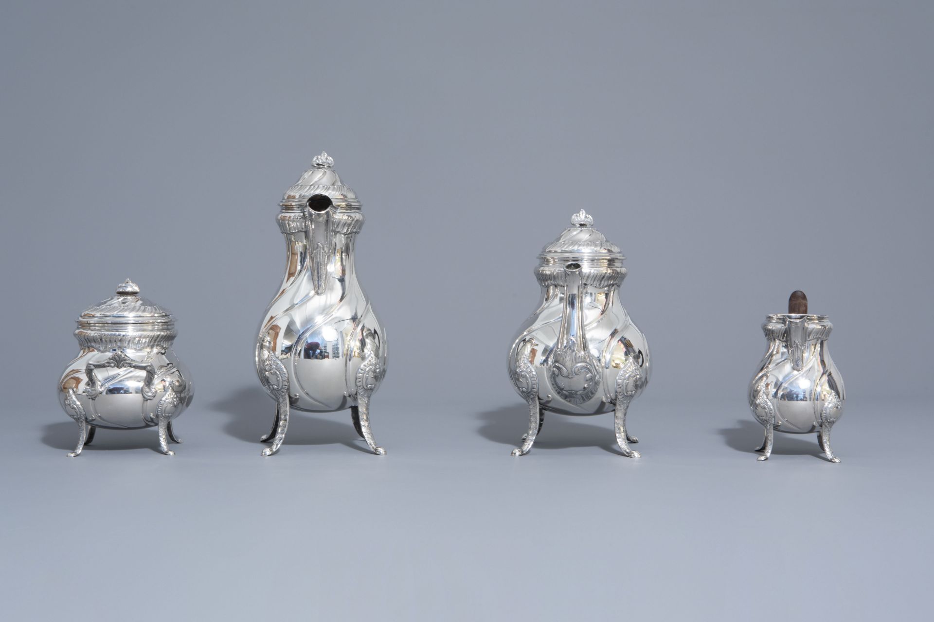 A four-piece Rococo revival silver coffee and tea set, 800/000, 20th C. - Image 5 of 13