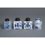 Four Chinese blue and white tea caddies with different designs, Kangxi