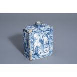 A Dutch Delft blue and white chinoiserie tea caddy, 18th C.