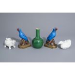 A Chinese monochrome green vase, 2 blanc de Chine teapots & a pair of polychrome birds, 19th/20th C