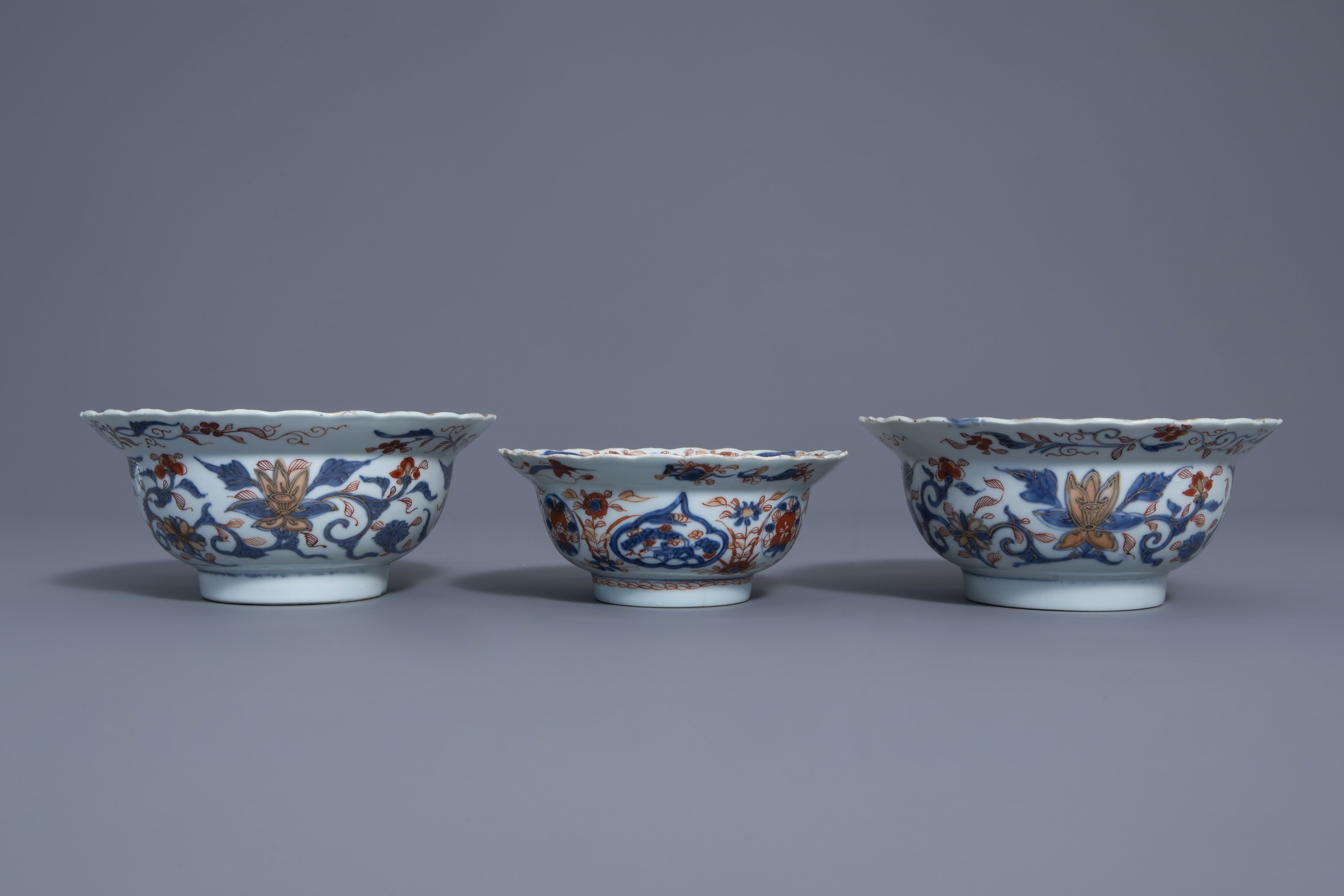 Three Chinese Imari style bowls with floral design, Kangxi - Image 2 of 9