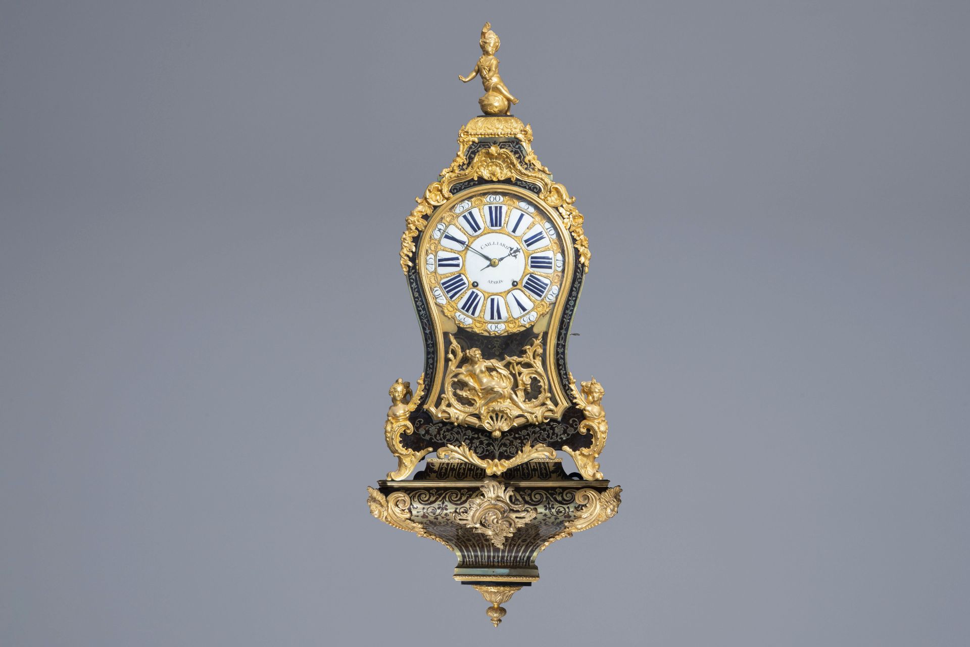 French gilt bronze tortoise & brass marquetry Boulle cartel clock, Cailliard ˆ Paris, 18th/19th C.