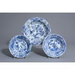 Three Chinese blue and white kraak porcelain klapmuts bowls with different designs, Wanli