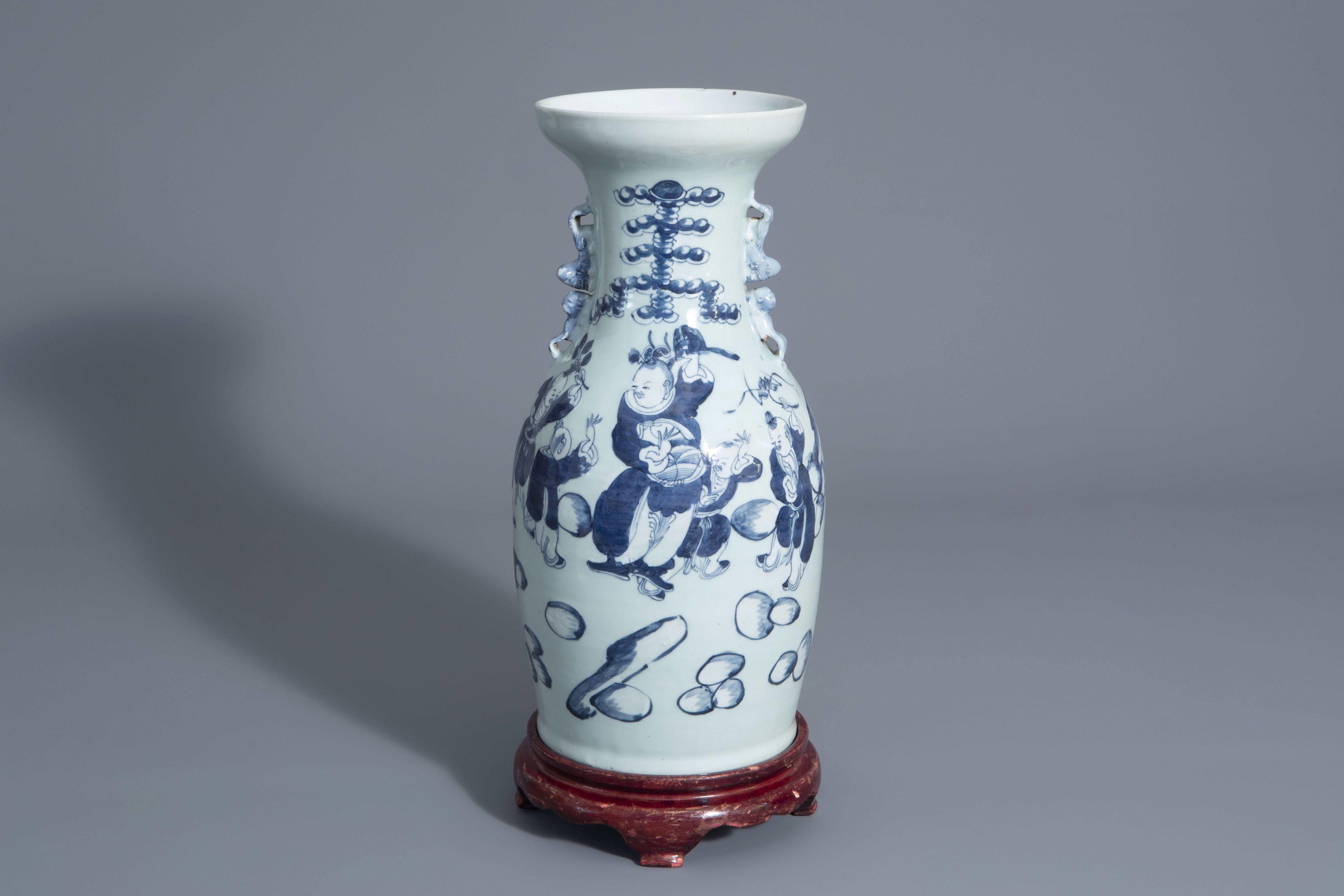 A Chinese blue and white celadon ground vase with figurative design, 19th C.