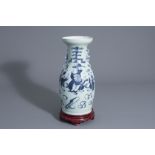 A Chinese blue and white celadon ground vase with figurative design, 19th C.