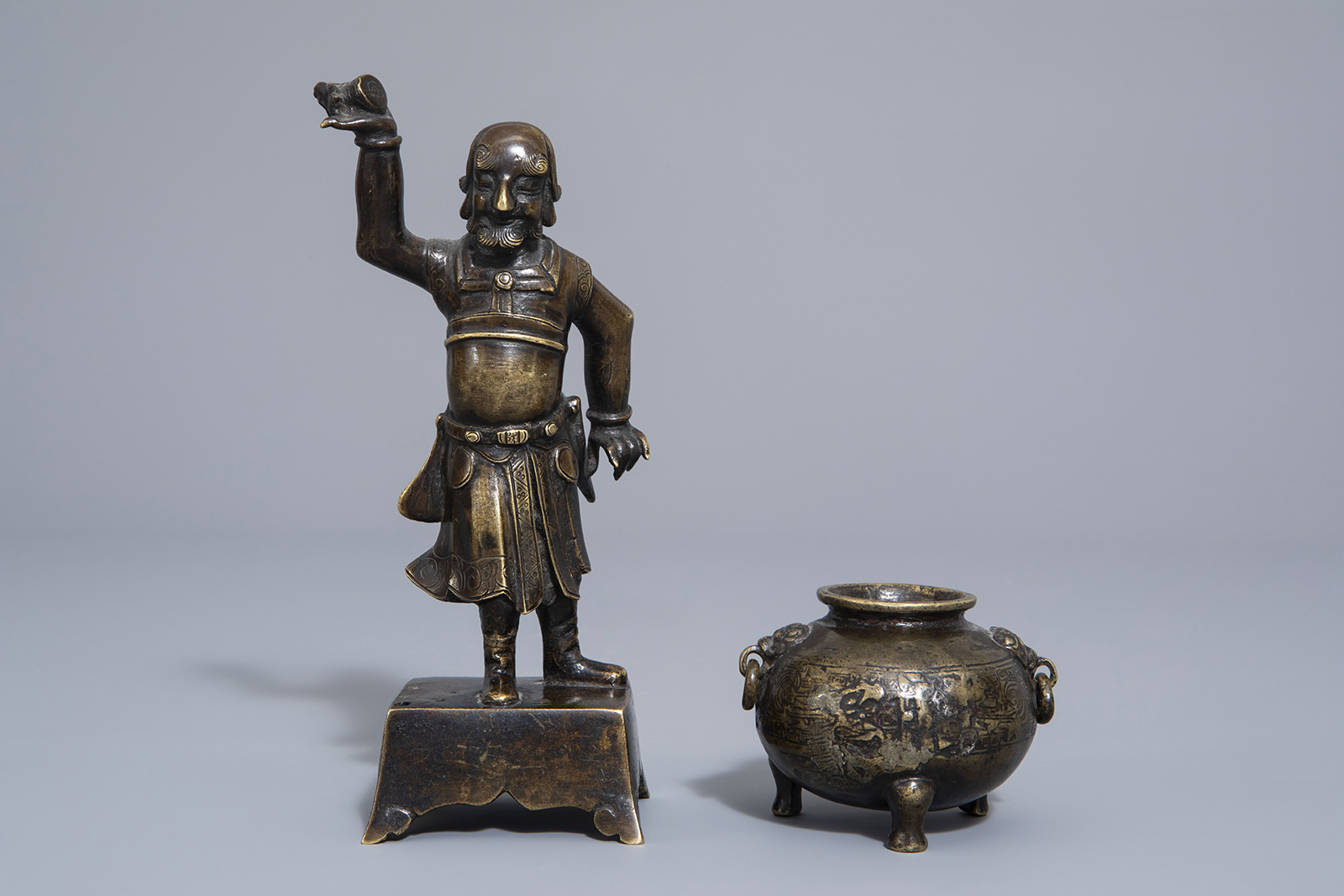 A Chinese bronze incense stick holder and a censer, Qing - Image 2 of 7