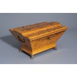 An English sarcophagus shaped burl wood veneered box, 19th/20th C.