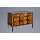 A French mahogany veneered Louis XVI chest of drawers with marble top, late 18th C.