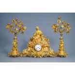 A French gilt bronze three-piece clock garniture with classical theme, 19th C.