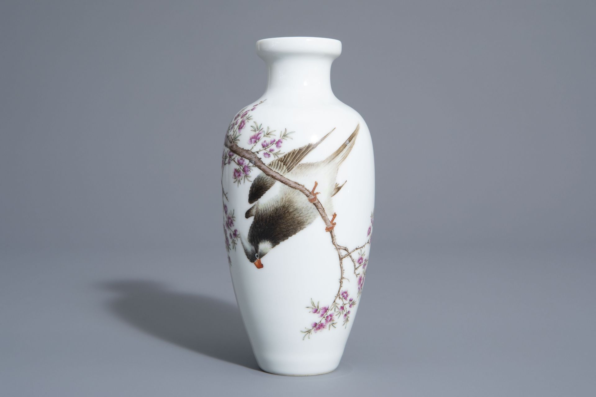 A Chinese famille rose vase with a bird among a flowering branch, 20th C. - Image 2 of 7